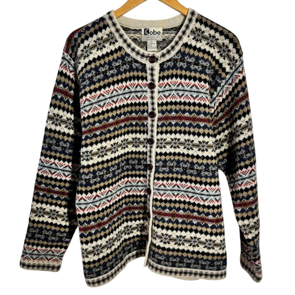 Vintage Kobe 100% Shetland Wool Cardigan Women 1X‎ Knit Patterned Cottagecore